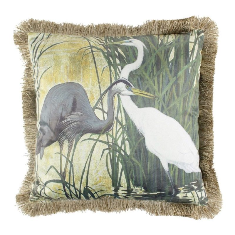 Kussen Fluweel Blauwe Reiger Gouden Franjes 45x45cm Mars & More