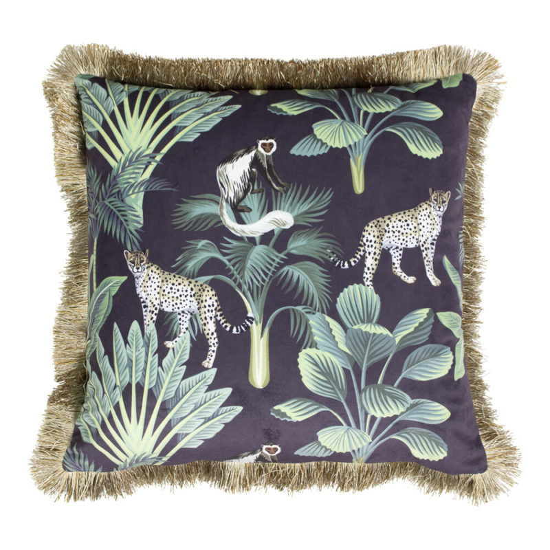 Kussen Fluweel Jungle Panter Zwart Gouden Franjes 45x45cm Mars & More