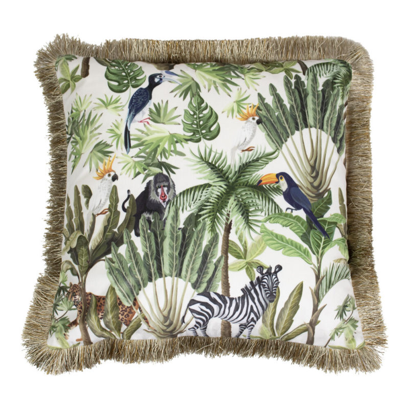 Kussen Fluweel Jungle Toekan Wit Gouden Franjes 45x45cm Mars & More