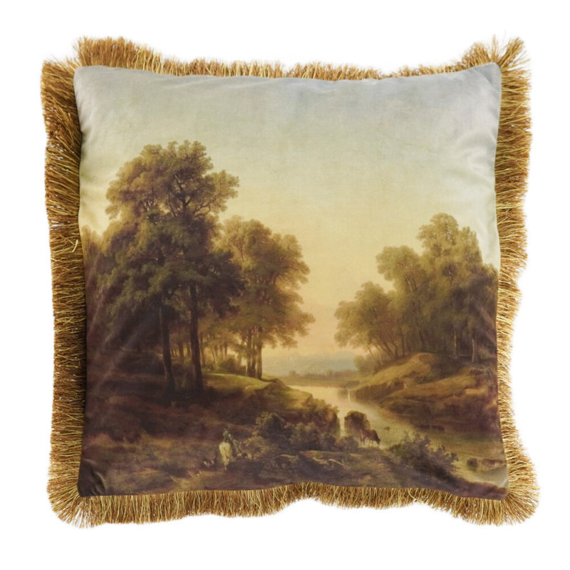 Kussen Fluweel Landschap Loofboom Gouden Franjes 45x45cm* Mars & More